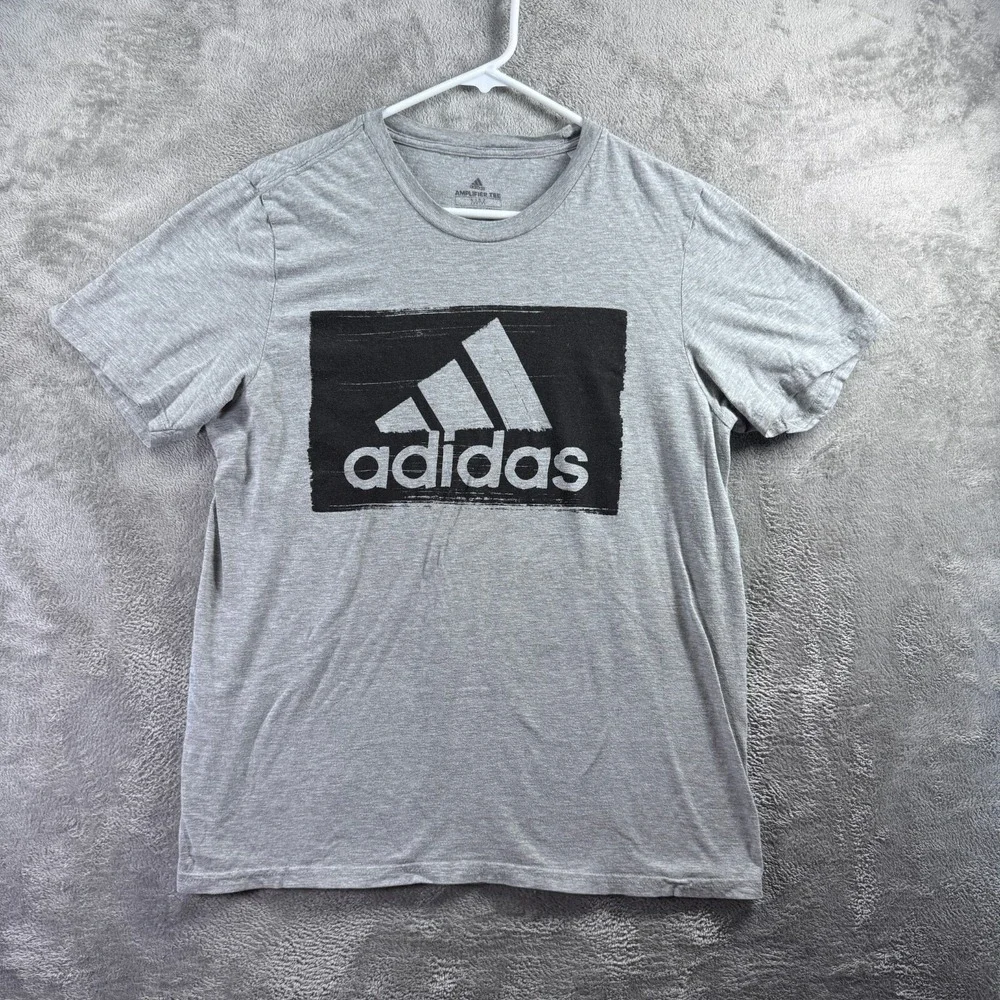 Adidas Amplifier Tee Mens Medium Gray Black Box Logo Workout Athletic T-Shirt